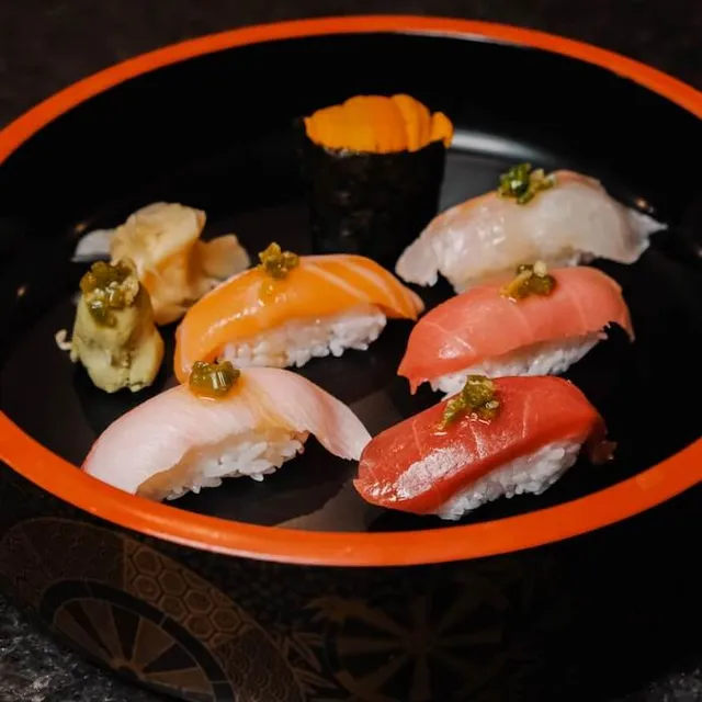 Nigiri assortment with uni, tuna, salmon and yellowtail